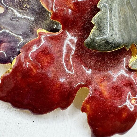Fall Leaf Cluster Brooch Pin Swirled Enamel Purple Red Green Autumn Large Gold - Picture 3 of 7